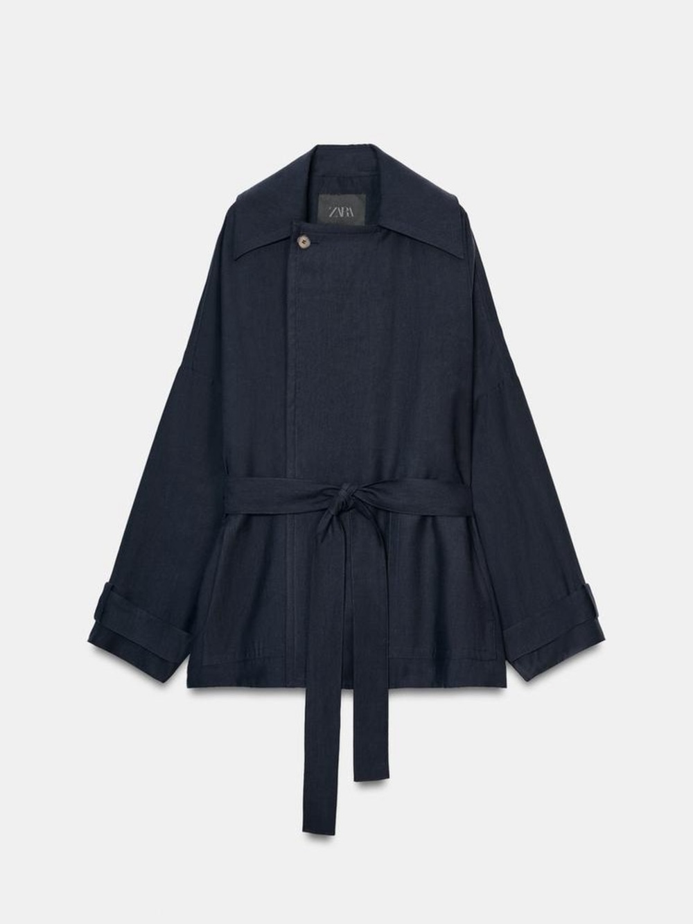 Zara ZW Collection Short Flowy Trench Coat Navy Blue Large NWT Belted Jacket - Picture 2 of 14